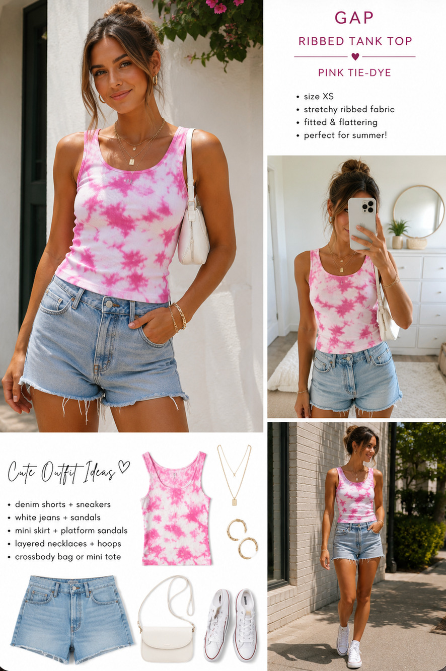 GAP Women's XS Pink White Tie Dye Ribbed Knit Tank Top Stretch Casual EUC